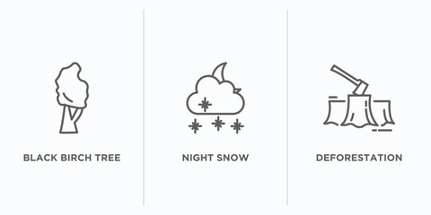 nature outline icons set. thin line icons such as black birch tree, night snow, deforestation vector. linear icon sheet can be used web and mobile