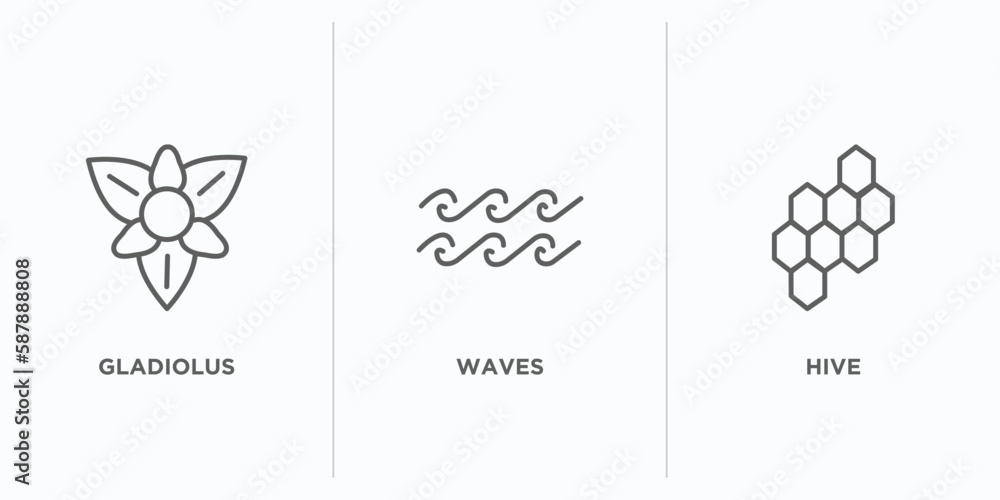 Poster nature outline icons set. thin line icons such as gladiolus, waves, hive vector. linear icon sheet c