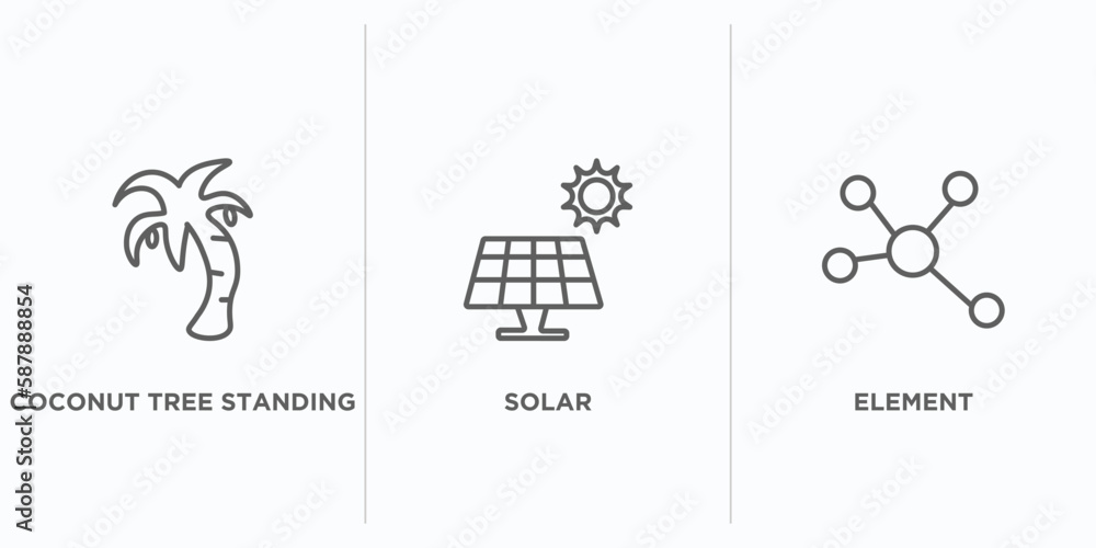 Poster nature outline icons set. thin line icons such as coconut tree standing, solar, element vector. line