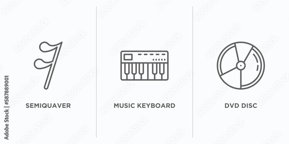 Poster music and media outline icons set. thin line icons such as semiquaver, music keyboard, dvd disc vect