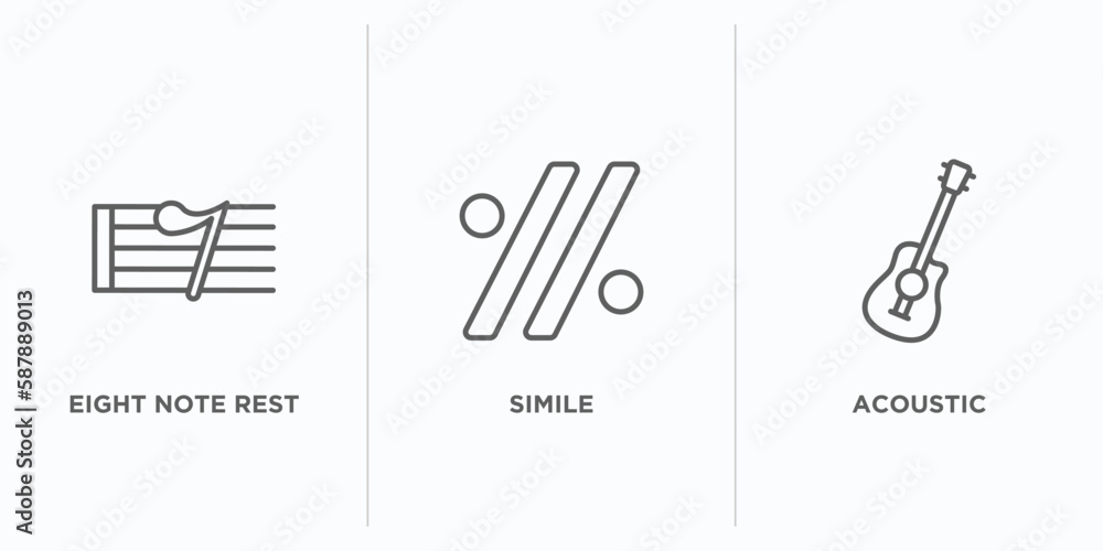 Poster music and media outline icons set. thin line icons such as eight note rest, simile, acoustic vector.