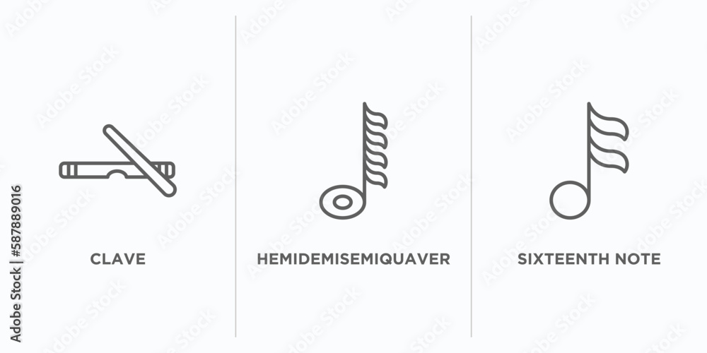 Poster music and media outline icons set. thin line icons such as clave, hemidemisemiquaver, sixteenth note