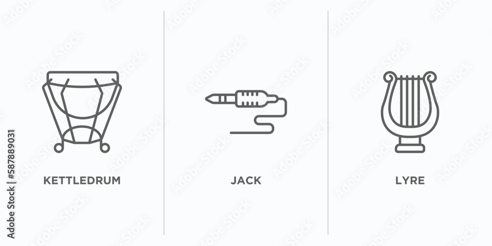 Poster music outline icons set. thin line icons such as kettledrum, jack, lyre vector. linear icon sheet ca