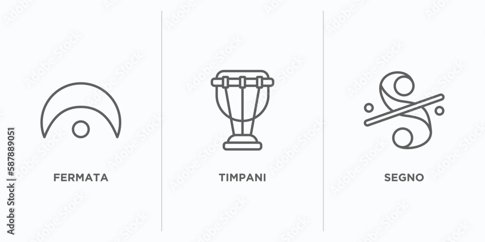 Poster music and media outline icons set. thin line icons such as fermata, timpani, segno vector. linear ic