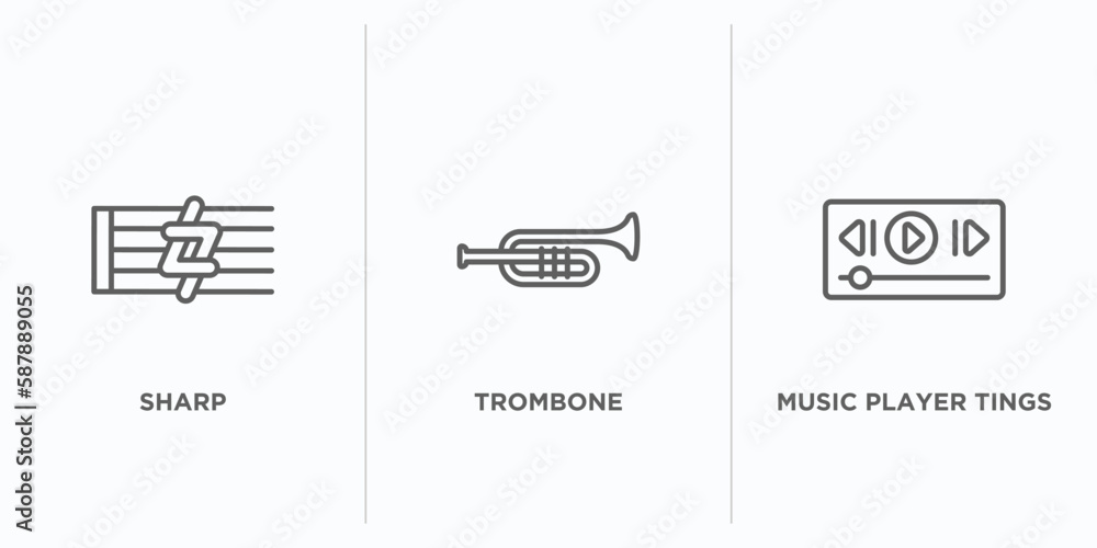 Poster music and media outline icons set. thin line icons such as sharp, trombone, music player tings vecto