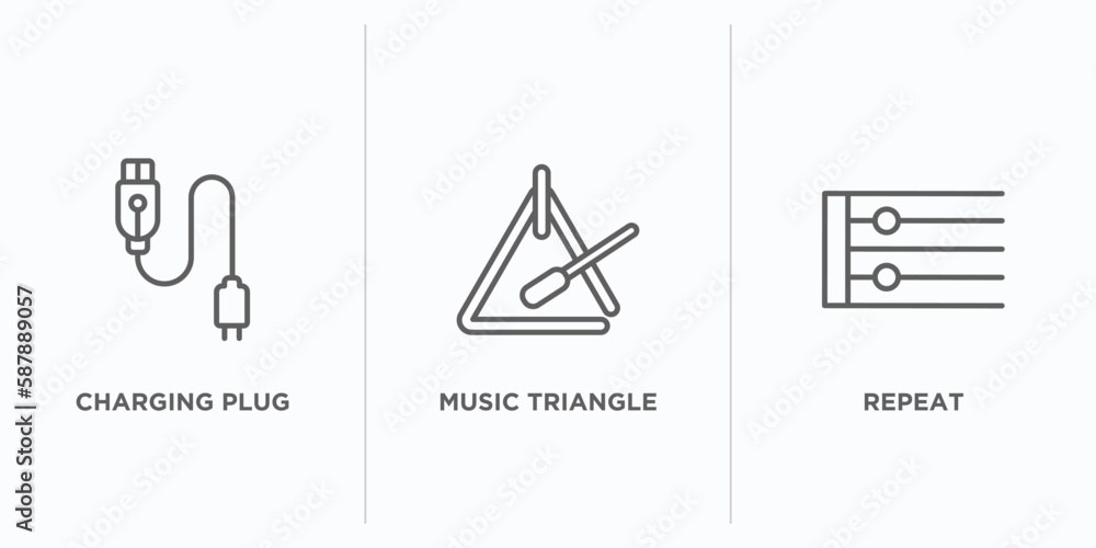 Aufkleber music and media outline icons set. thin line icons such as charging plug, music triangle, repeat vec