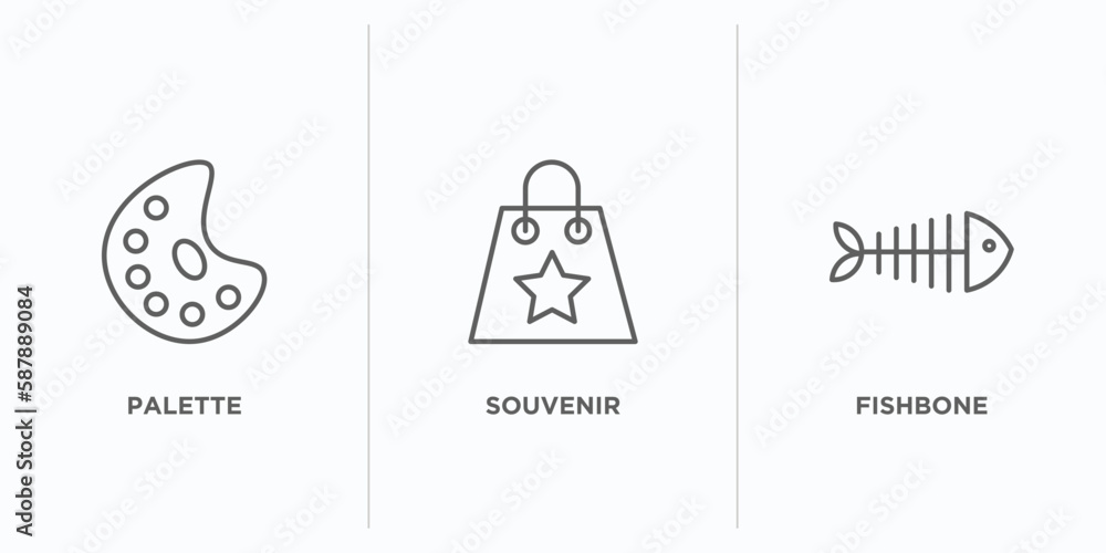 Poster museum outline icons set. thin line icons such as palette, souvenir, fishbone vector. linear icon sh