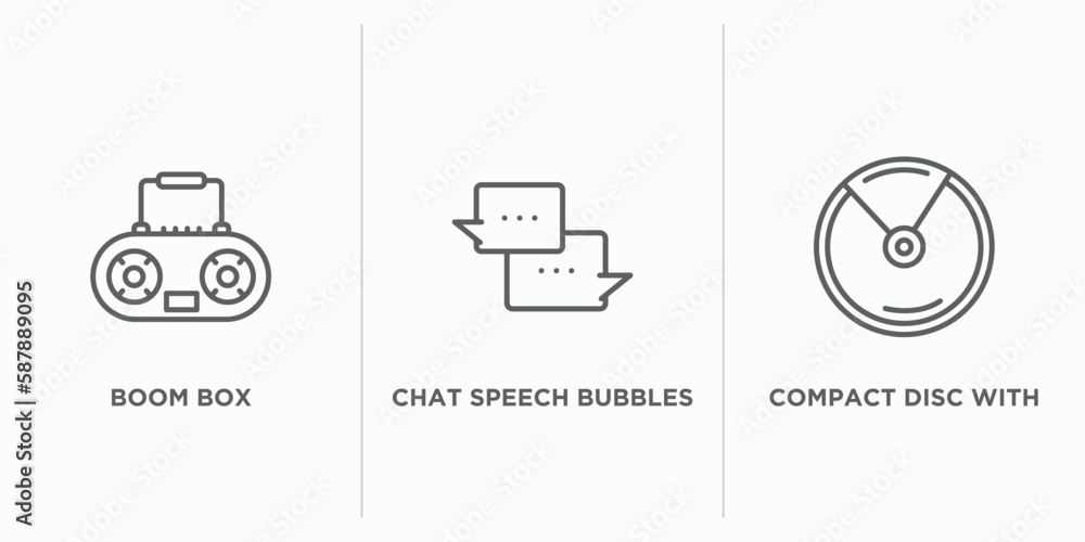 Poster multimedia outline icons set. thin line icons such as boom box, chat speech bubbles, compact disc wi