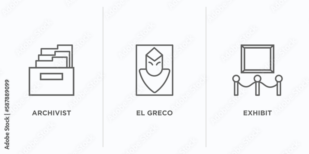 Poster museum outline icons set. thin line icons such as archivist, el greco, exhibit vector. linear icon s
