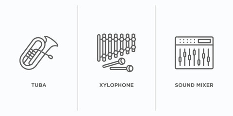 music outline icons set. thin line icons such as tuba, xylophone, sound mixer vector. linear icon sheet can be used web and mobile