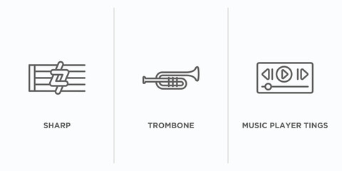 music and media outline icons set. thin line icons such as sharp, trombone, music player tings vector. linear icon sheet can be used web and mobile