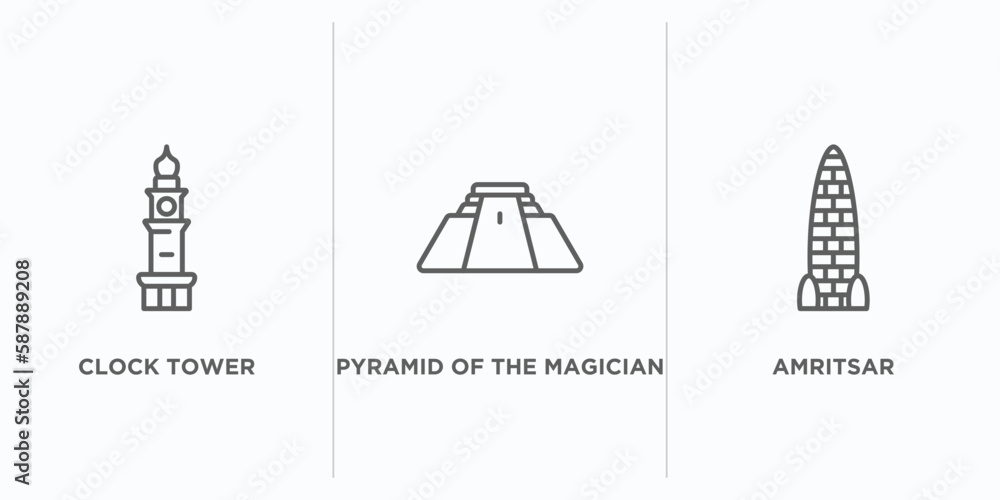 Poster monuments outline icons set. thin line icons such as clock tower, pyramid of the magician, amritsar 