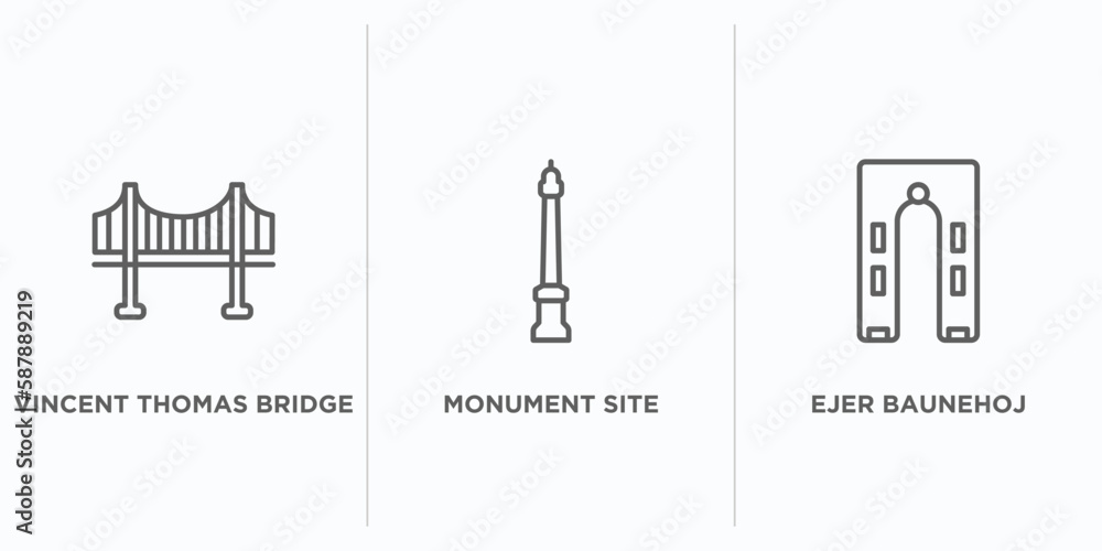 Poster monuments outline icons set. thin line icons such as vincent thomas bridge, monument site, ejer baun