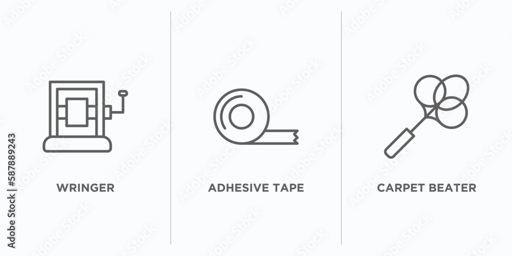 Poster miscellaneous outline icons set. thin line icons such as wringer, adhesive tape, carpet beater vecto