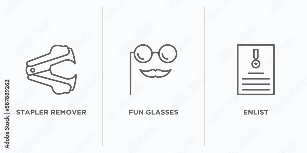 Poster miscellaneous outline icons set. thin line icons such as stapler remover, fun glasses, enlist vector