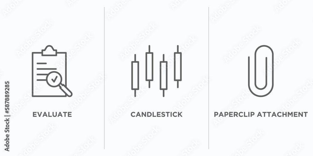 Poster miscellaneous outline icons set. thin line icons such as evaluate, candlestick, paperclip attachment