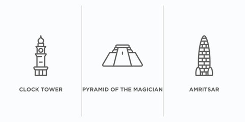 monuments outline icons set. thin line icons such as clock tower, pyramid of the magician, amritsar vector. linear icon sheet can be used web and mobile