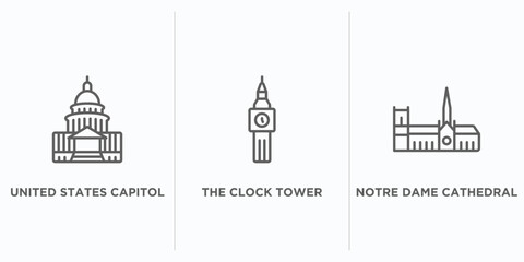 monuments outline icons set. thin line icons such as united states capitol, the clock tower, notre dame cathedral vector. linear icon sheet can be used web and mobile