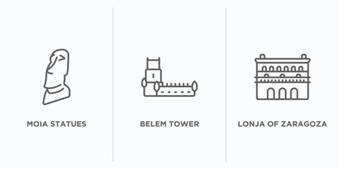 monuments outline icons set. thin line icons such as moia statues, belem tower, lonja of zaragoza vector. linear icon sheet can be used web and mobile