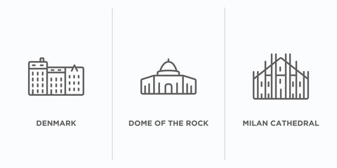 monuments outline icons set. thin line icons such as denmark, dome of the rock, milan cathedral vector. linear icon sheet can be used web and mobile