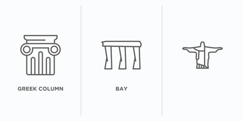 monuments outline icons set. thin line icons such as greek column, bay, vector. linear icon sheet can be used web and mobile