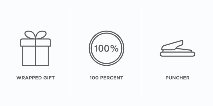 miscellaneous outline icons set. thin line icons such as wrapped gift, 100 percent, puncher vector. linear icon sheet can be used web and mobile