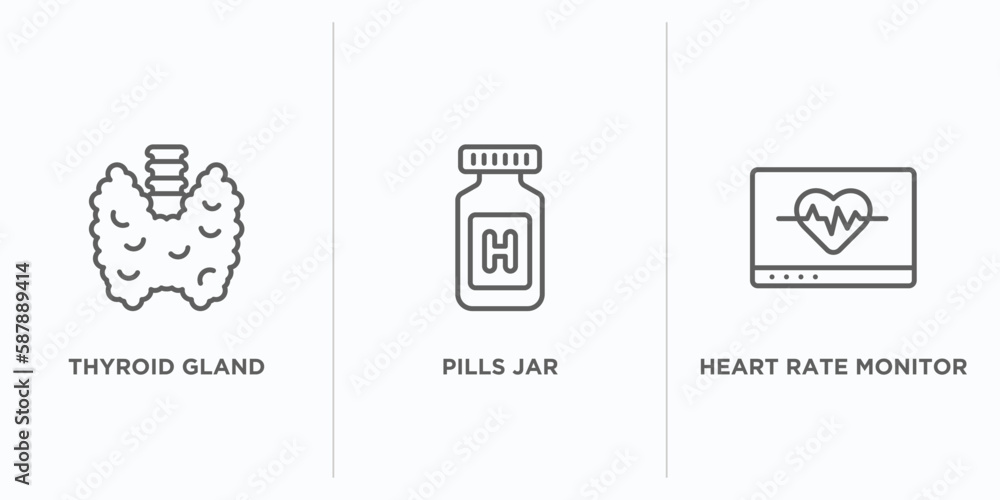 Poster medical outline icons set. thin line icons such as thyroid gland, pills jar, heart rate monitor vect