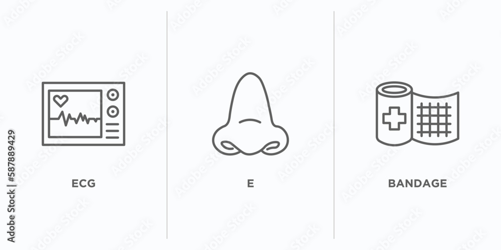 Poster medical outline icons set. thin line icons such as ecg, e, bandage vector. linear icon sheet can be 
