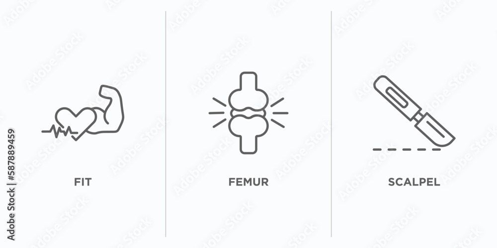Poster medical outline icons set. thin line icons such as fit, femur, scalpel vector. linear icon sheet can