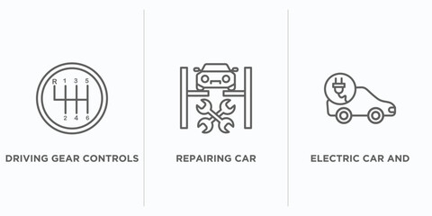 mechanicons outline icons set. thin line icons such as driving gear controls, repairing car, electric car and plug vector. linear icon sheet can be used web and mobile