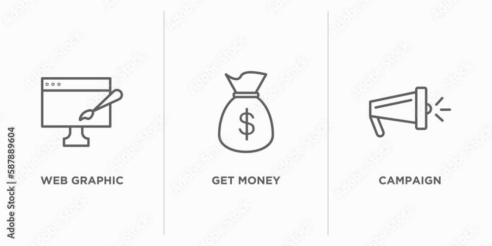 Poster marketing outline icons set. thin line icons such as web graphic, get money, campaign vector. linear