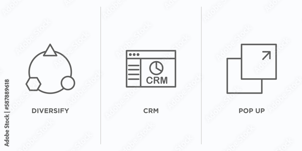 Poster marketing outline icons set. thin line icons such as diversify, crm, pop up vector. linear icon shee
