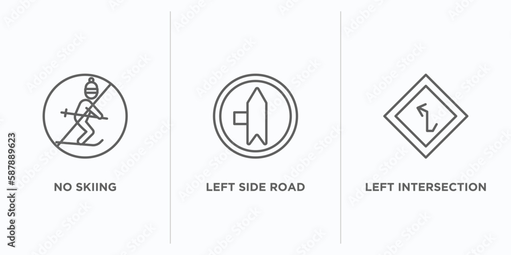 Poster maps and flags outline icons set. thin line icons such as no skiing, left side road, left intersecti