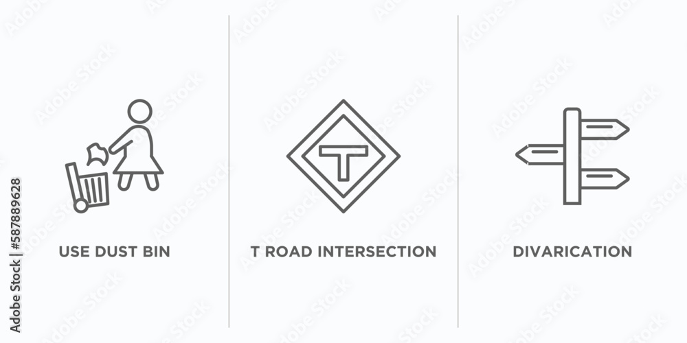 Poster maps and flags outline icons set. thin line icons such as use dust bin, t road intersection, divaric