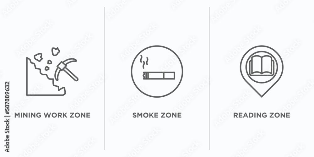 Poster maps and flags outline icons set. thin line icons such as mining work zone, smoke zone, reading zone