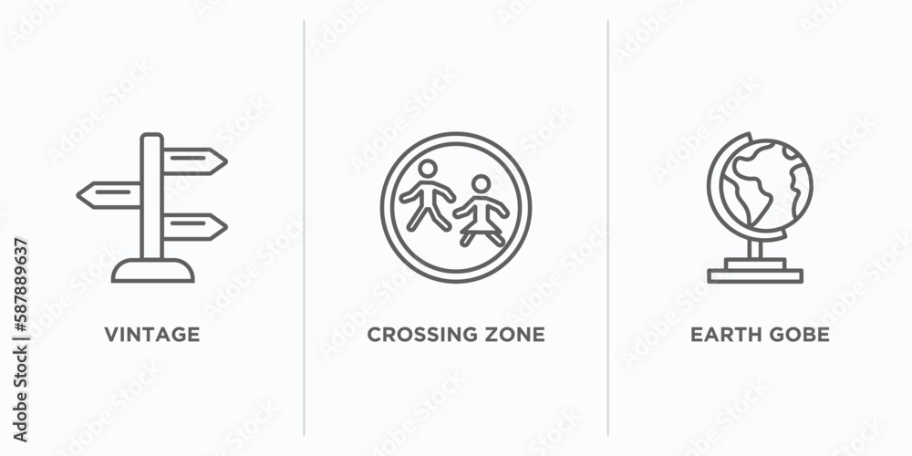 Poster maps and flags outline icons set. thin line icons such as vintage, crossing zone, earth gobe vector.