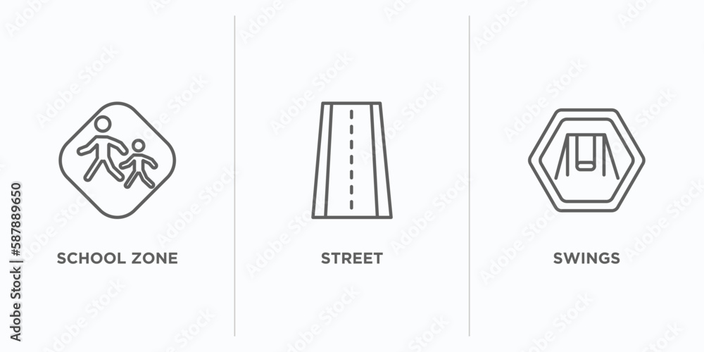 Poster maps and flags collection. outline icons set. thin line icons such as school zone, street, swings ve