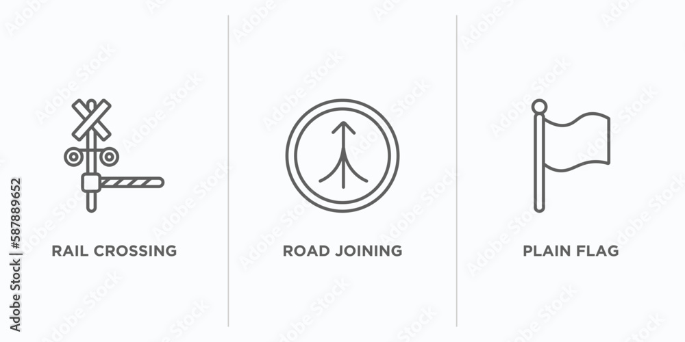 Poster maps and flags outline icons set. thin line icons such as rail crossing, road joining, plain flag ve