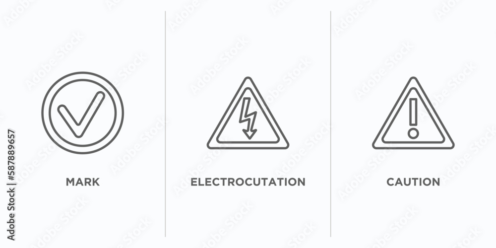 Poster maps and flags outline icons set. thin line icons such as mark, electrocutation danger, caution vect