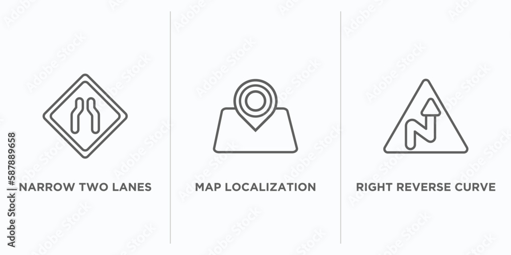 Poster maps and flags outline icons set. thin line icons such as narrow two lanes, map localization, right 