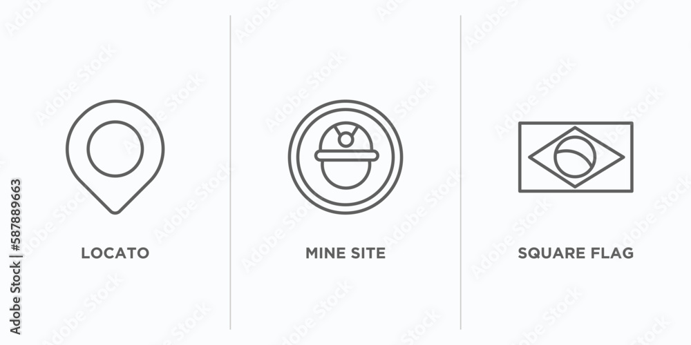 Poster maps and flags outline icons set. thin line icons such as locato, mine site, square flag vector. lin