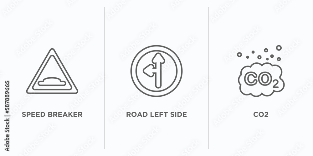 Poster maps and flags outline icons set. thin line icons such as speed breaker, road left side, co2 vector.