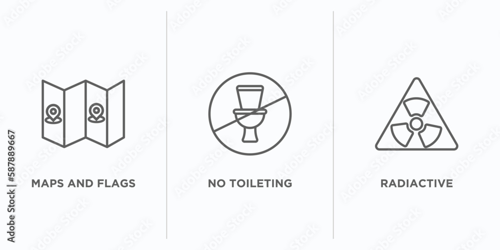 Poster maps and flags outline icons set. thin line icons such as maps and flags, no toileting, radiactive v
