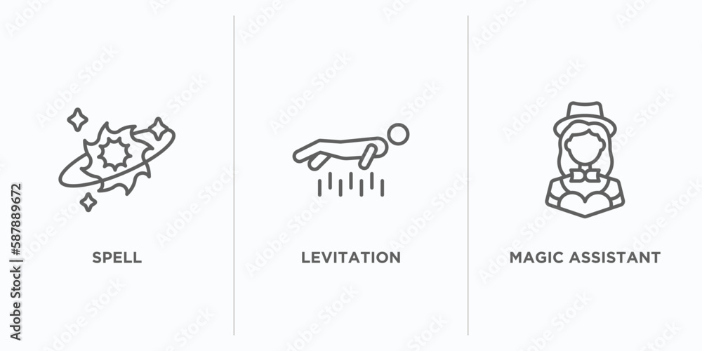 Poster magic outline icons set. thin line icons such as spell, levitation, magic assistant vector. linear i