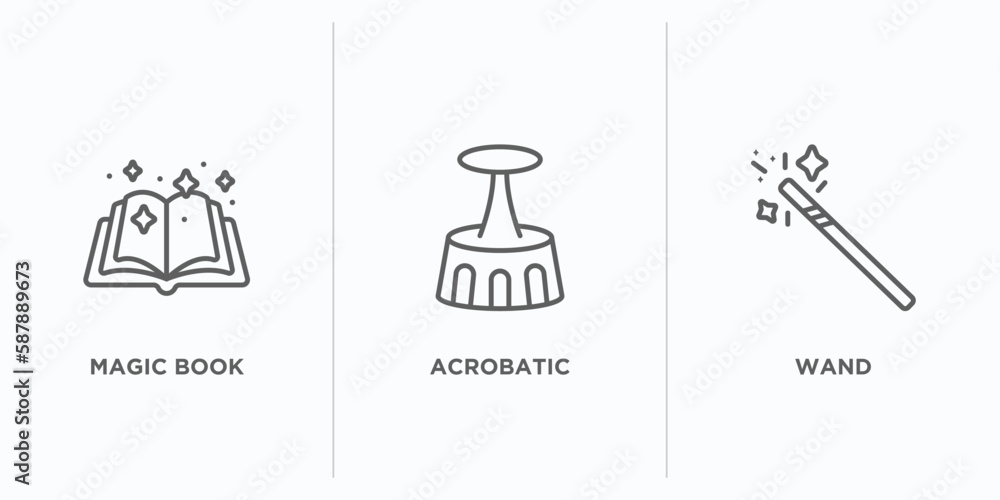 Poster magic outline icons set. thin line icons such as magic book, acrobatic, wand vector. linear icon she