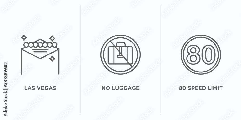 Aufkleber maps and flags outline icons set. thin line icons such as las vegas, no luggage, 80 speed limit vect