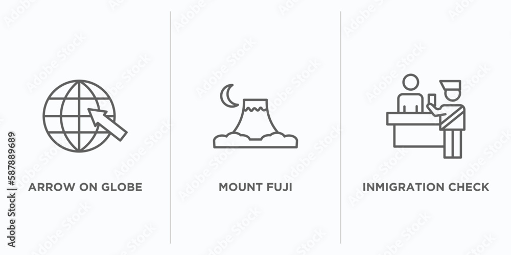 Poster maps and flags outline icons set. thin line icons such as arrow on globe, mount fuji, inmigration ch