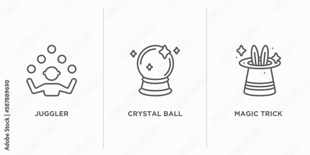 Poster magic outline icons set. thin line icons such as juggler, crystal ball, magic trick vector. linear i
