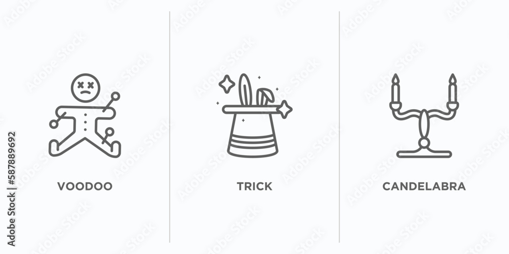Poster magic outline icons set. thin line icons such as voodoo, trick, candelabra vector. linear icon sheet