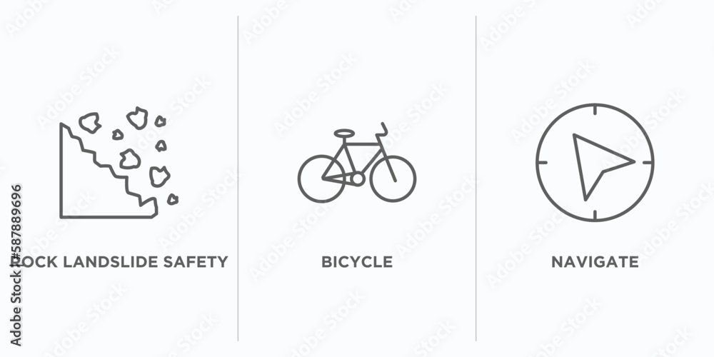 Poster maps and flags outline icons set. thin line icons such as rock landslide safety, bicycle, navigate v